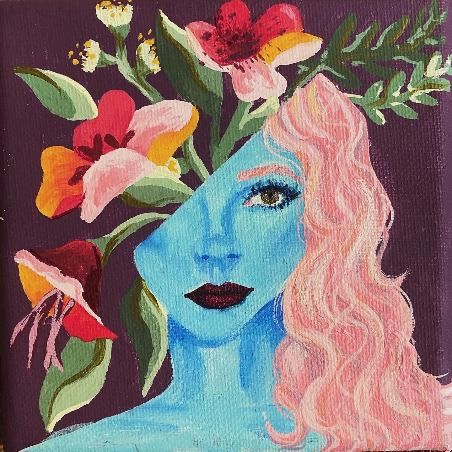 woman with blue skin and pink hair with her head split and flowers coming out
