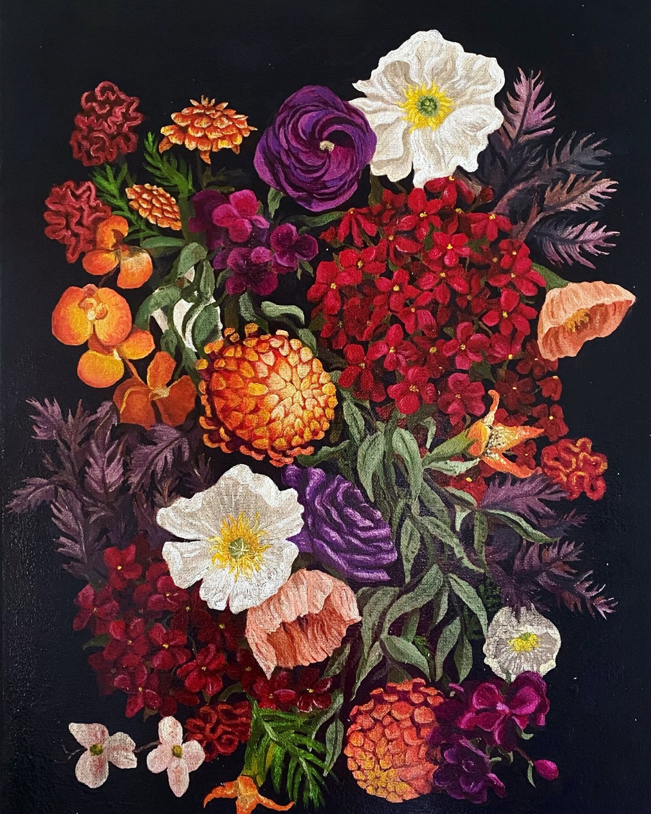 orange, red, purple, and white flowers on a black background