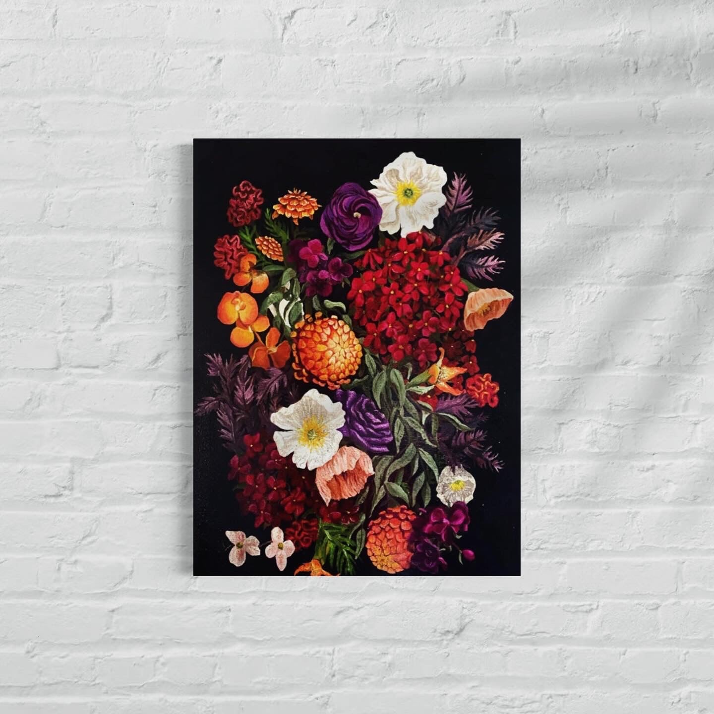 orange, red, purple, and white flowers on a black background