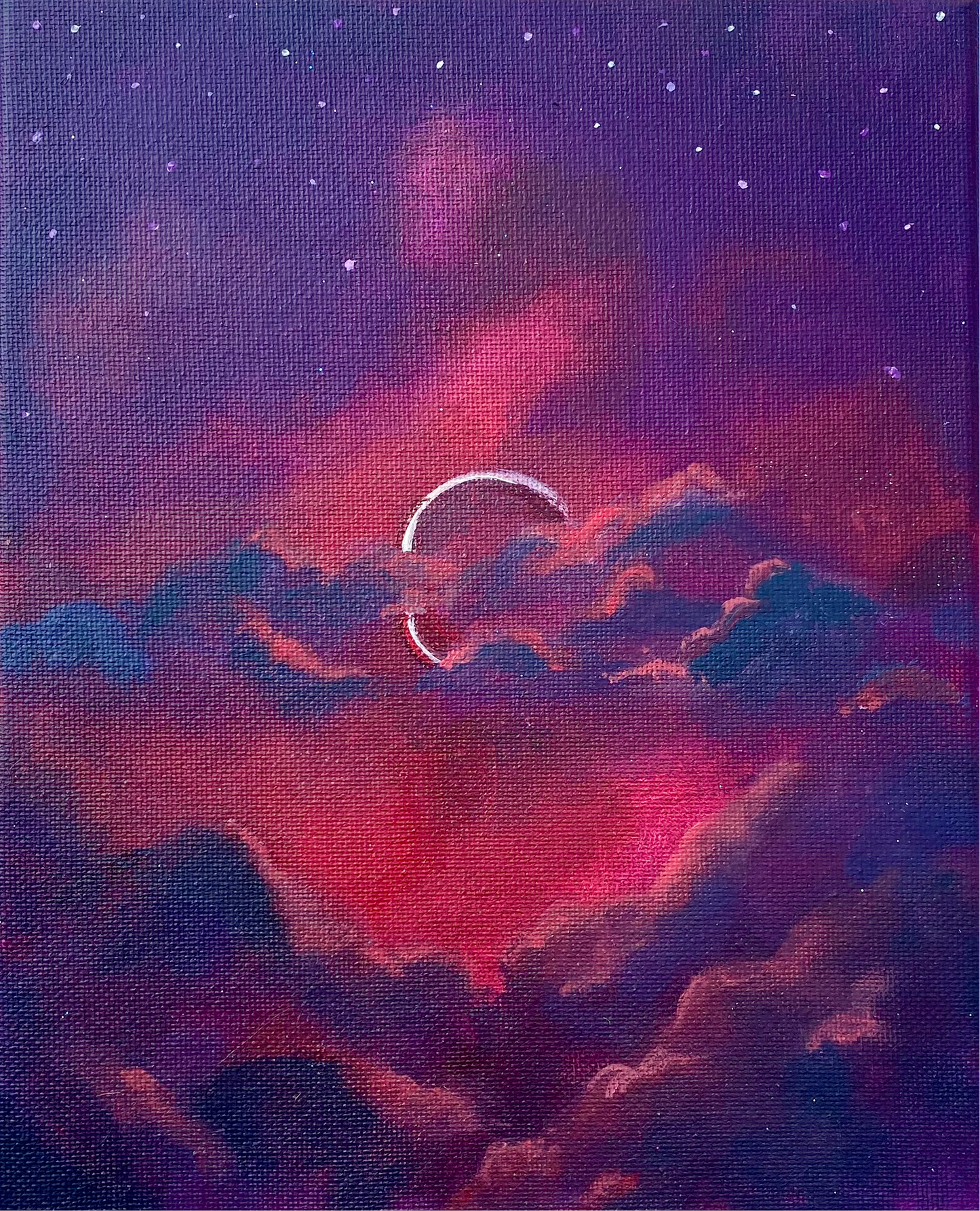 dark purple sky with red clouds and an eclipse sun in the center