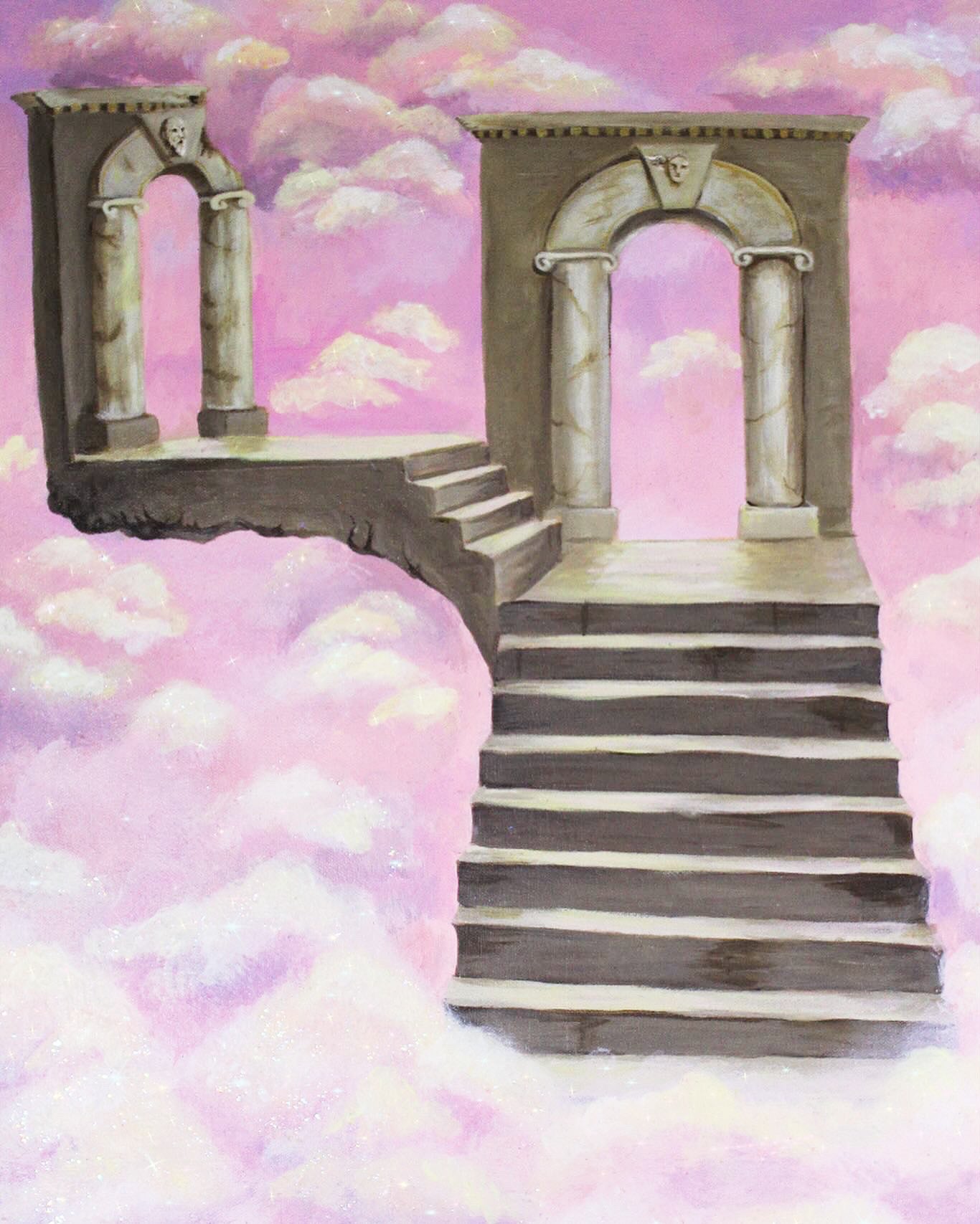 pink sky with Grecian columns and stairs