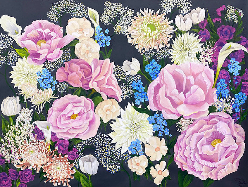 pink, white, blue, and purple flowers on a black background
