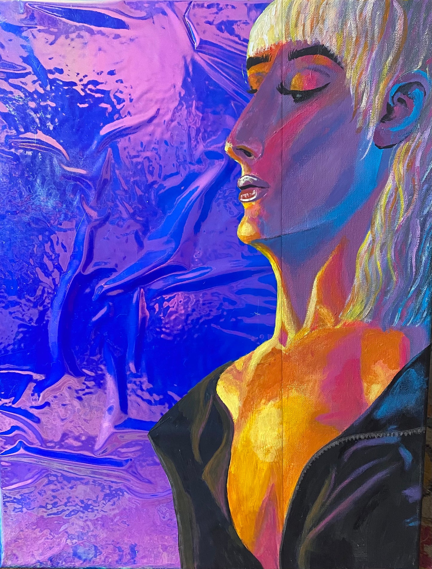 woman painted on a reflective holographic background