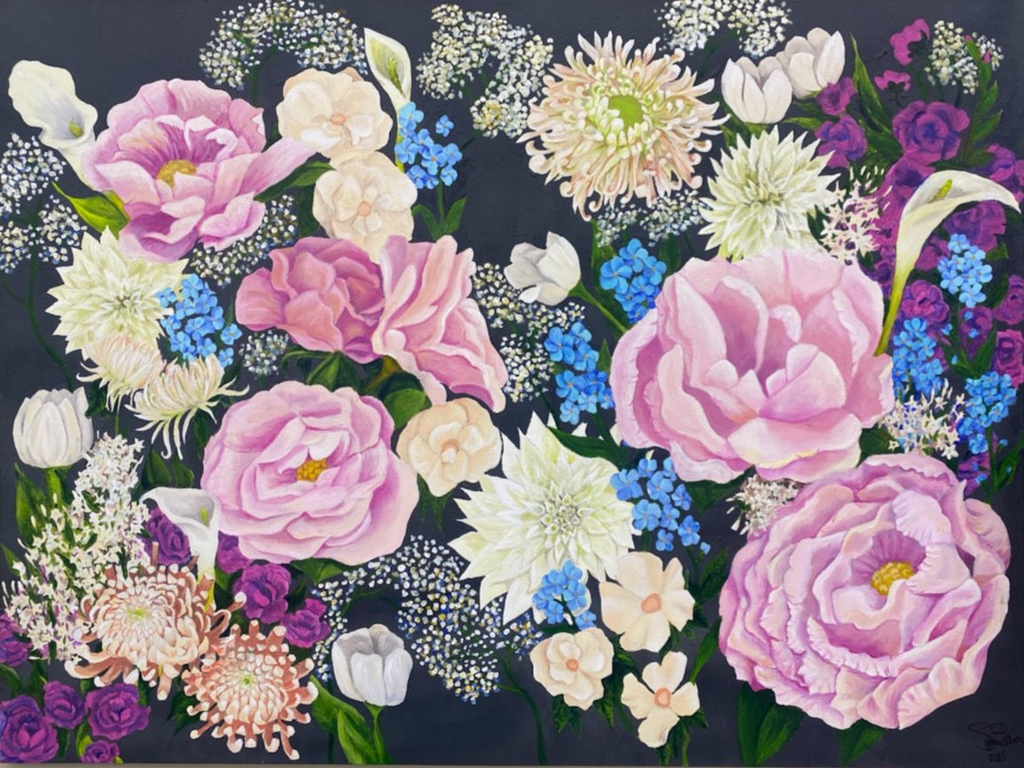 pink, white, blue, and purple flowers on a black background