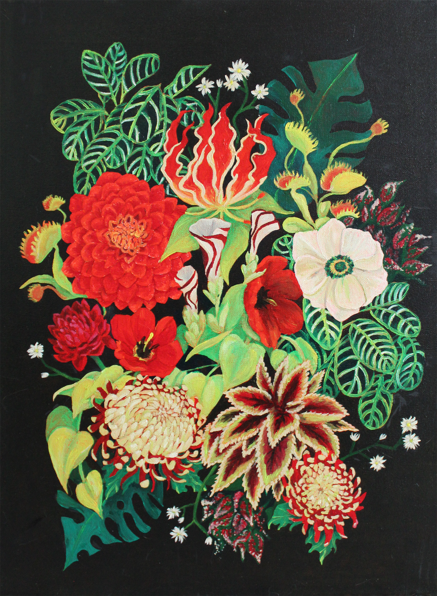 red, green, and white flowers on a black background