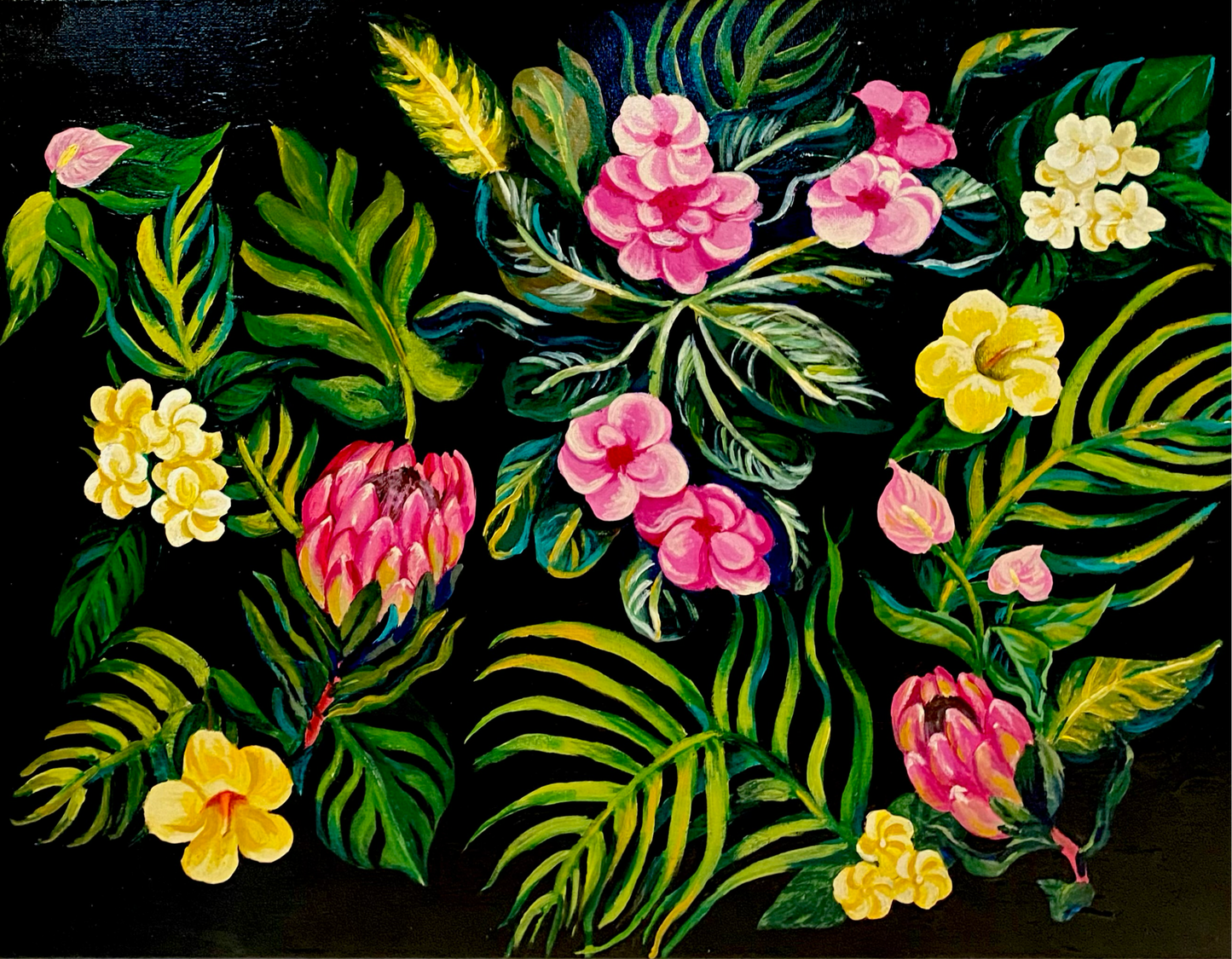pink and yellow tropical flowers and palm leaves on a black background