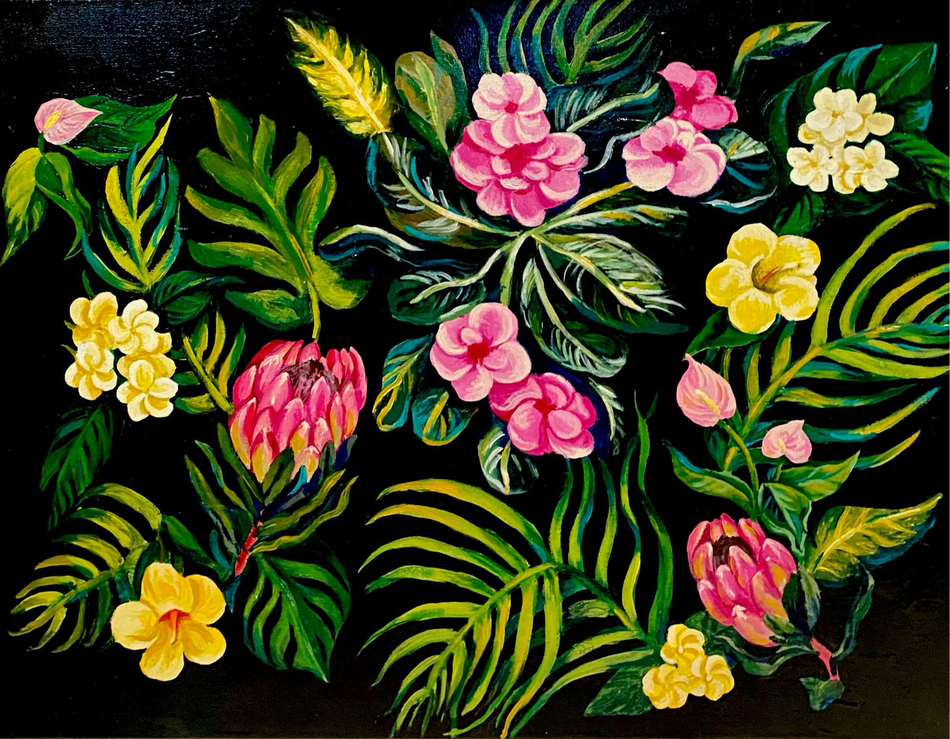 pink and yellow tropical flowers and palm leaves on a black background