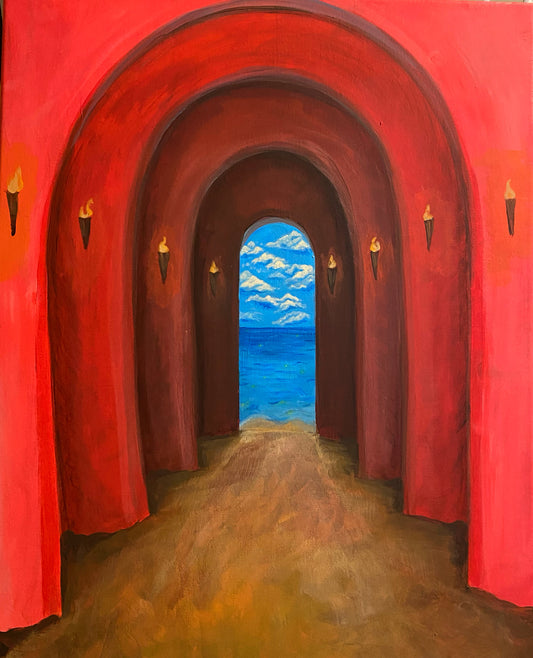 red arched tunnel leading out to a clear blue sea