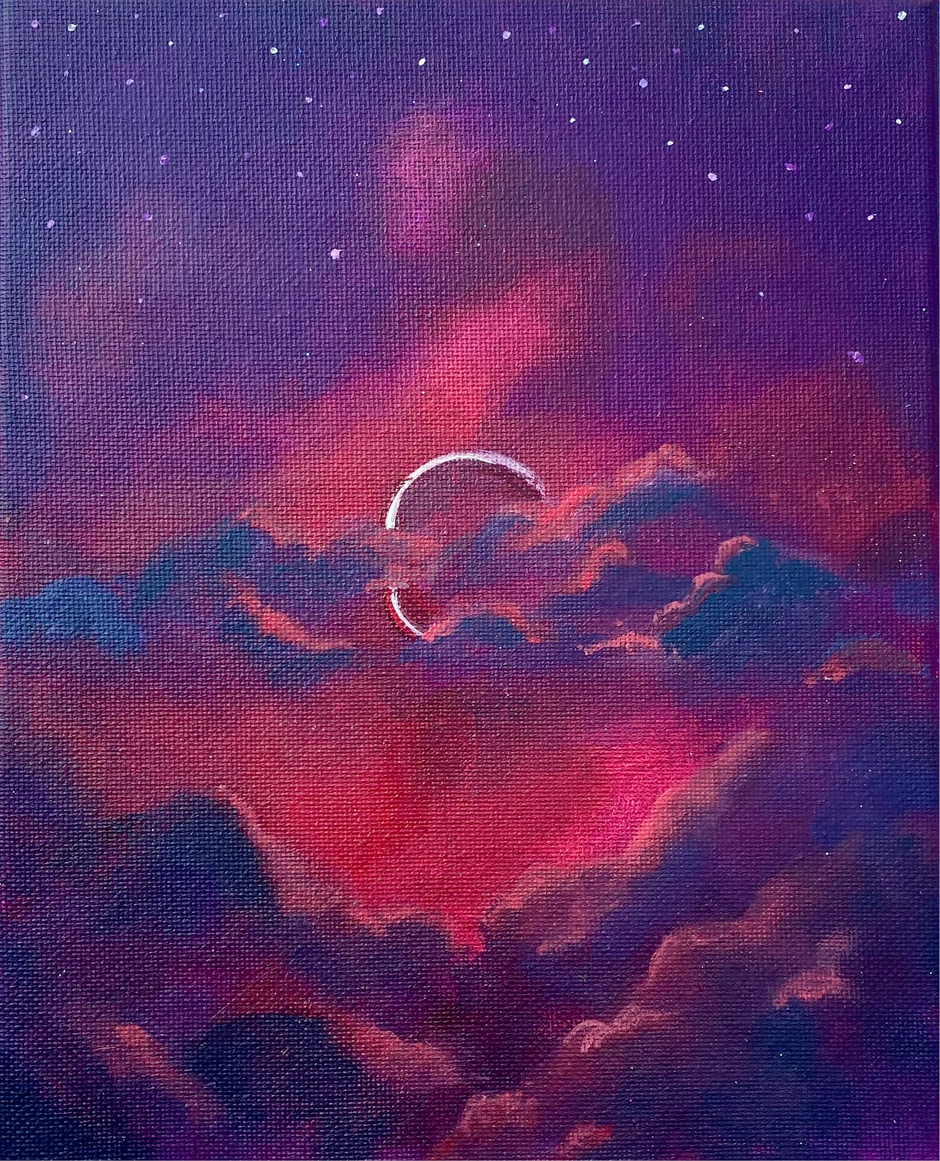dark purple sky with red clouds and an eclipse sun in the center