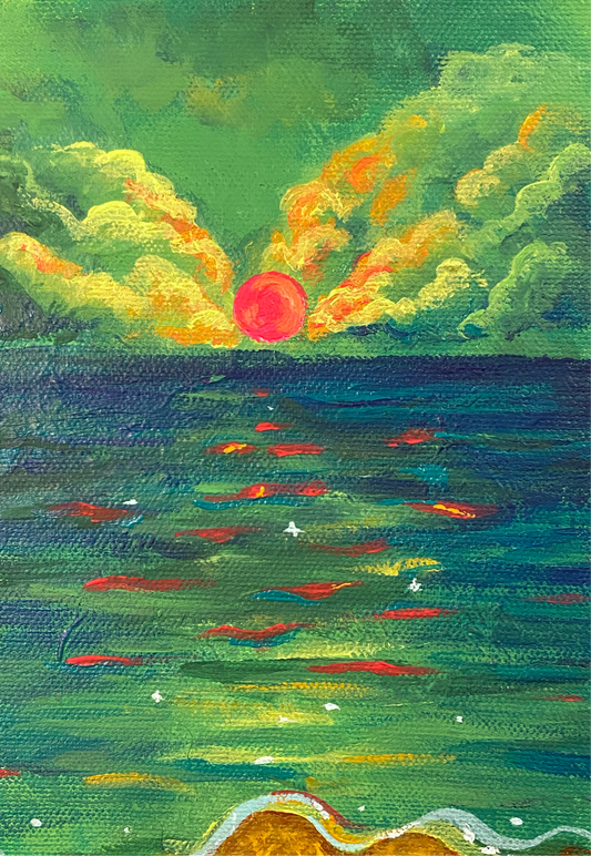 green sky with yellow clouds and a red sun over a green and blue sea