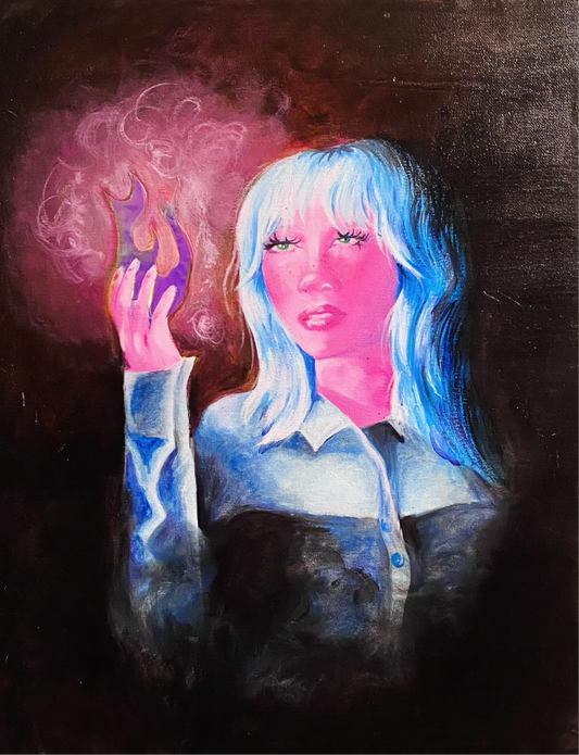 Painting of a girl with pink skin and blue hair looking at her hand on fire. 