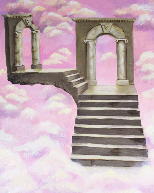 pink sky with Grecian columns and stairs 