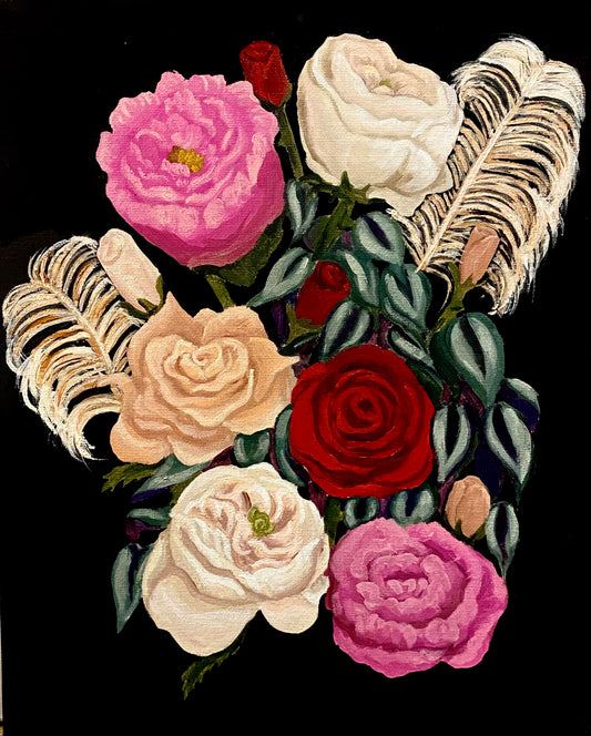 Pink, red, and white roses on a black background with ostrich plumes 