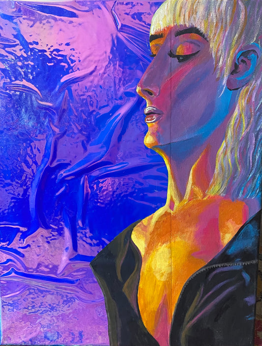 woman painted on a reflective holographic background