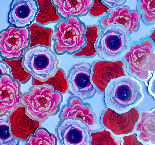 white anemone, red rose, and pink peony stickers