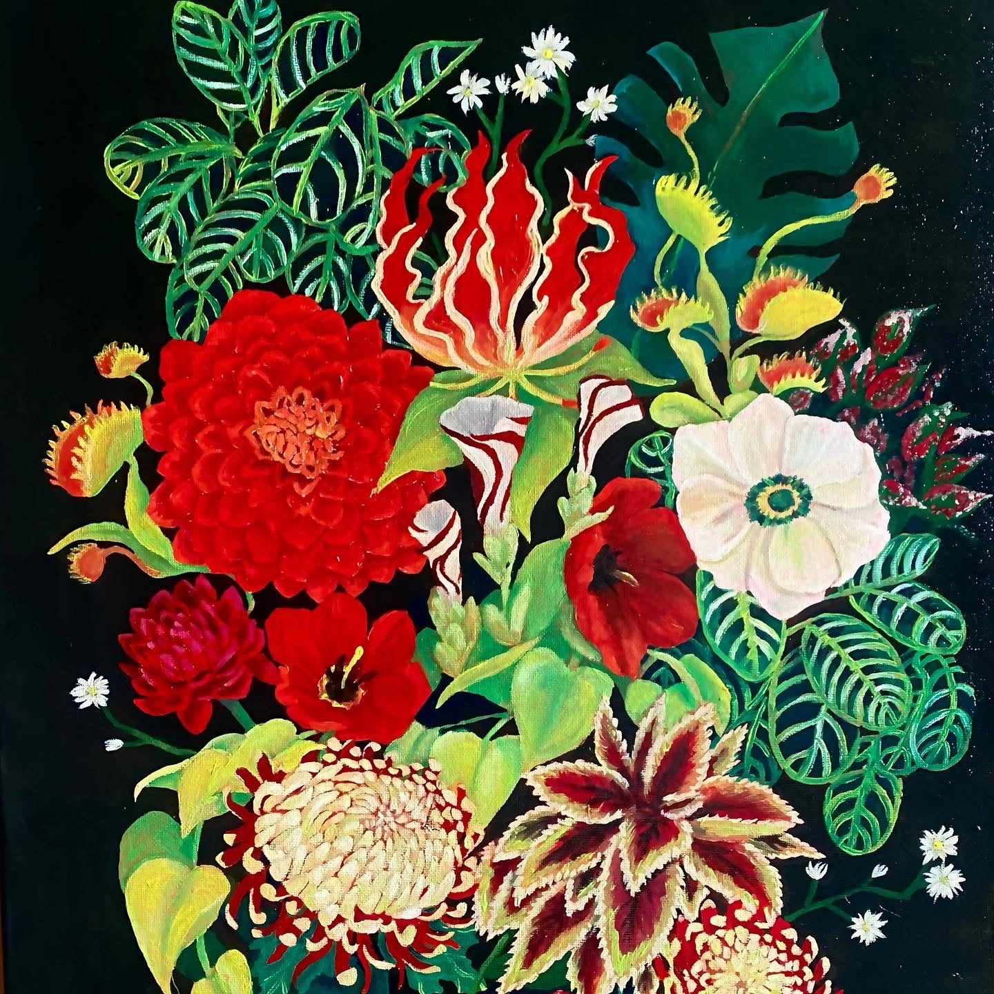 red, white, and green flowers on a black background
