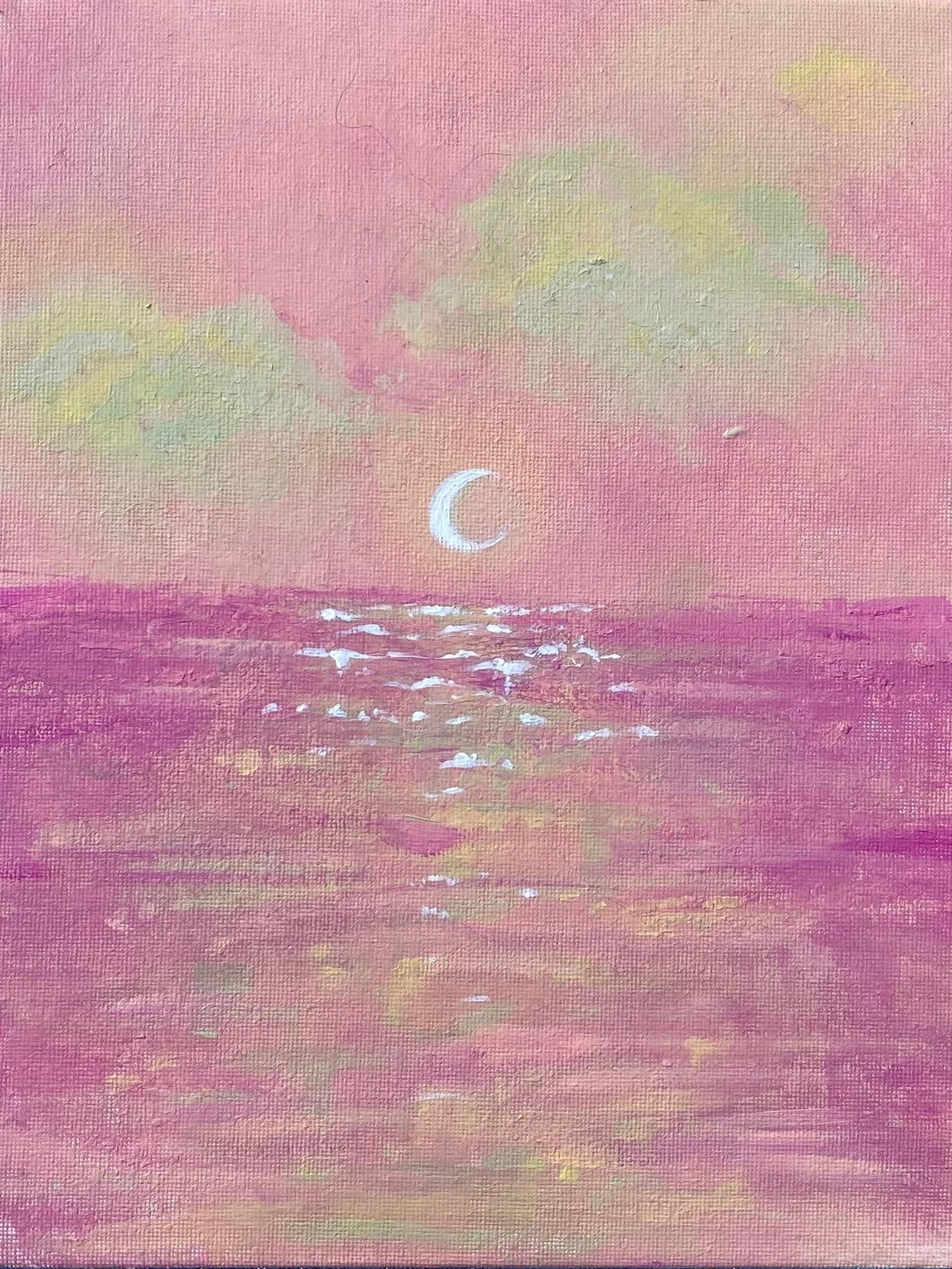 pink sky and sea with a white crescent moon and green clouds