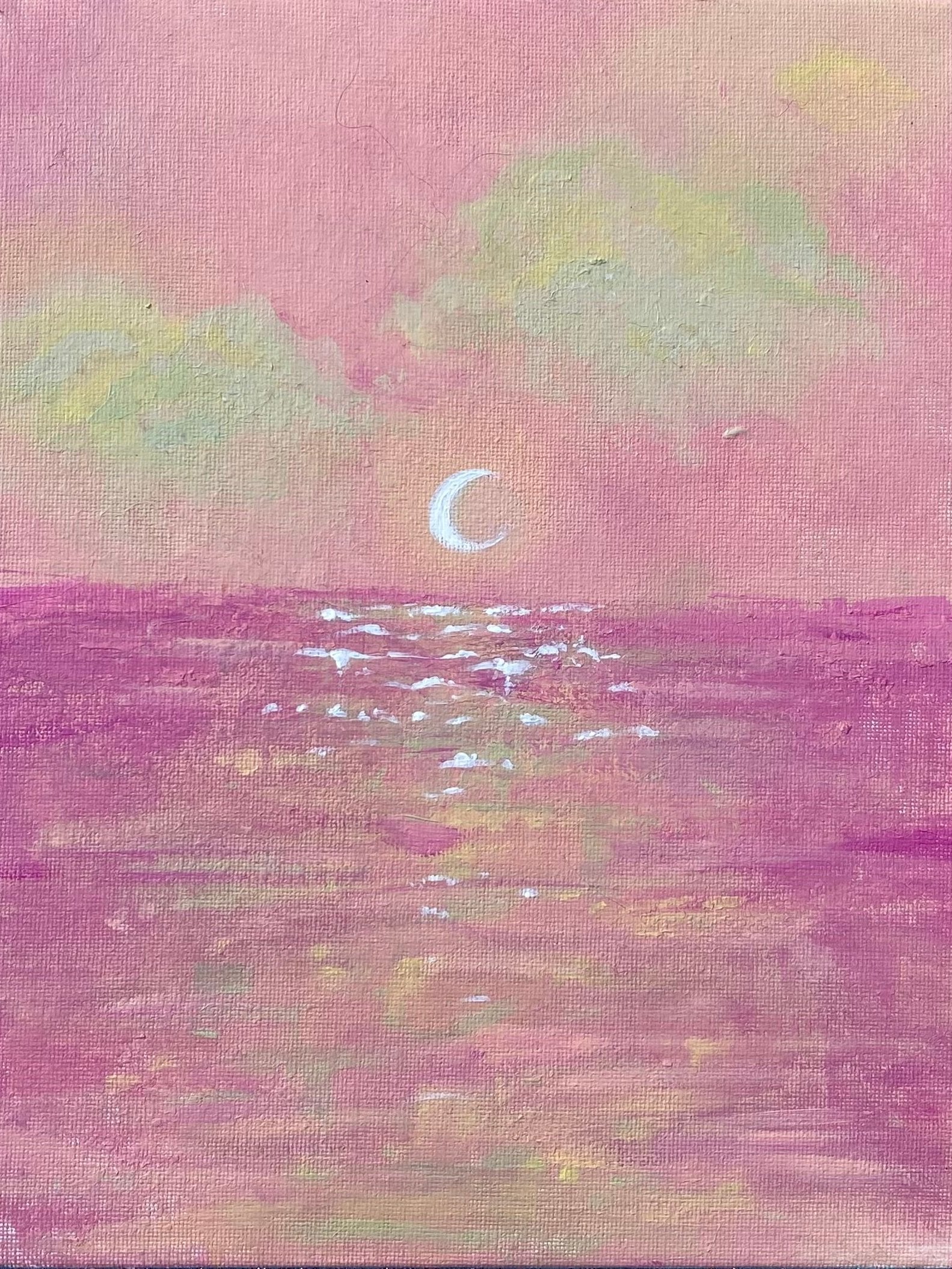 pink sky and sea with a white crescent moon and green clouds