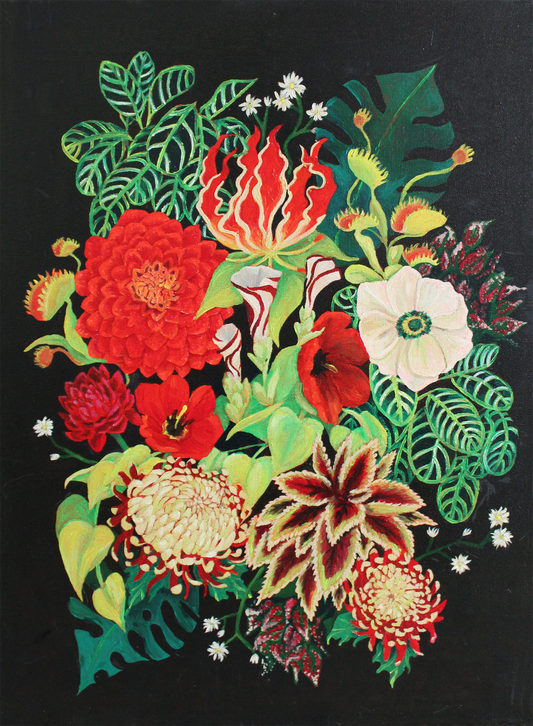 red, green, and white flowers on a black background